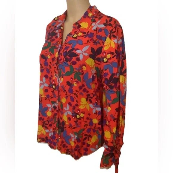 Maeve Red Floral Button-Down Shirt w/ Multicolor fruit Print Sz 12 - Picture 7 of 12